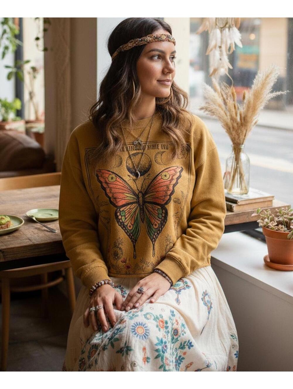 Zoe+Liv Butterfly Graphic sweatshirt Mustard Yellow Celestial Cottagecore XS
